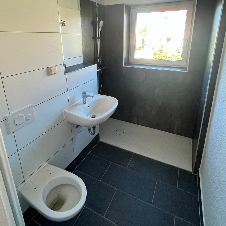 Kleines modernes Badezimmer mit Wandtoilette, Waschbecken und barrierefreier Dusche.
